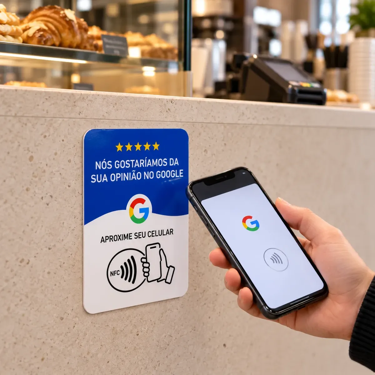 Plaquinha NFC azul de avaliação Google instalada no balcão com cliente aproximando o celular