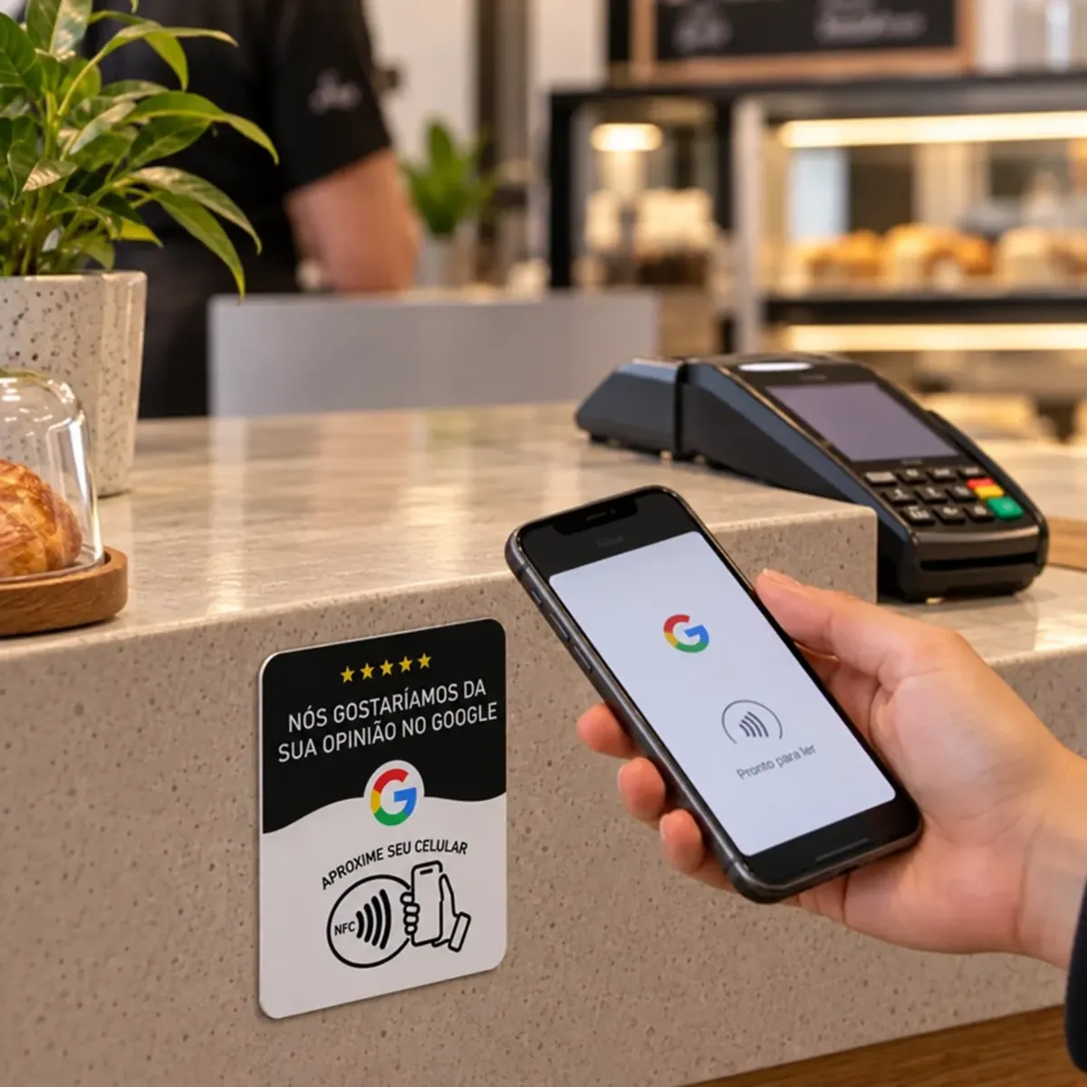 Cliente aproximando o celular de uma plaquinha NFC preta no balcão de uma padaria