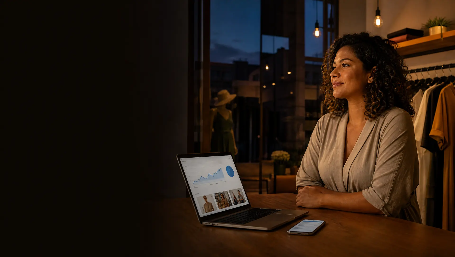 Empreendedora em sua loja analisando os resultados de marketing digital no notebook