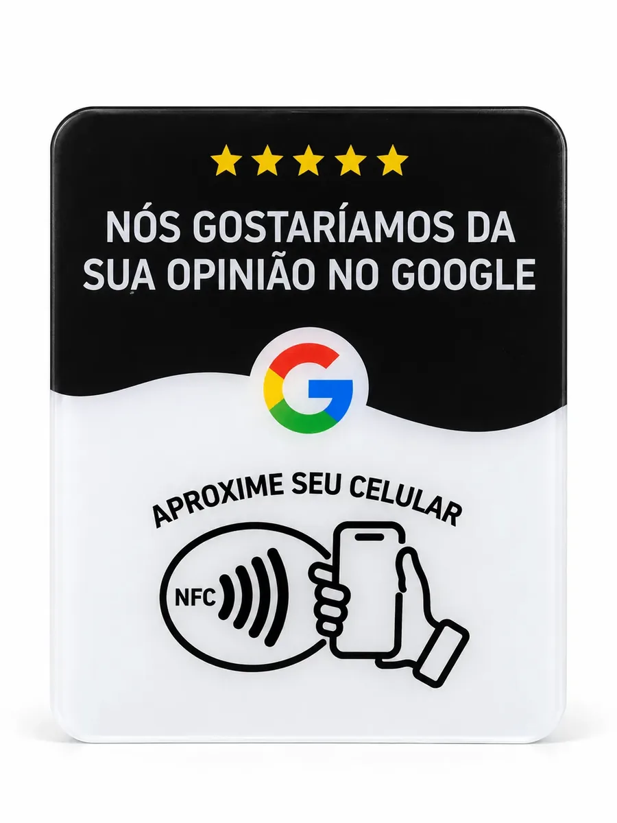 Plaquinha NFC de avaliação Google modelo Onda Preta vista de frente